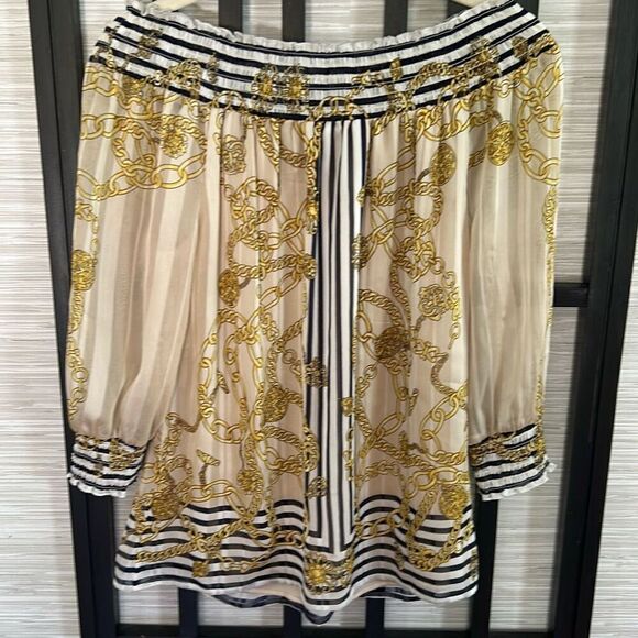 Cachet Tops - Cachet silky off the shoulder blouse top gold XS nautical chain print navy gold